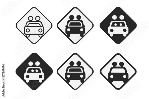 Family Trip Logos. Family car trip. Icon set. Set Logo of family car trip: road sign. harmonious logo variations of the same emblematic concept, each with