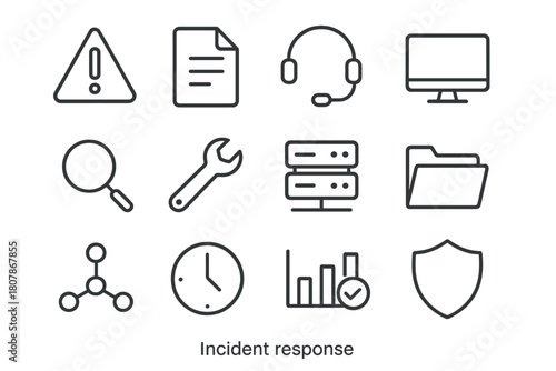 Incident Response Icons. Incident response. Line icon set of incident response: alert triangle, document, headset, computer, magnifying glass, wrench, server,