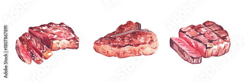 Watercolor illustration of grilled beef steaks. Juicy T-bone, filet mignon, and sliced steak with rich texture and char marks. Hand-painted meat food clipart for menus, recipes, BBQ designs.