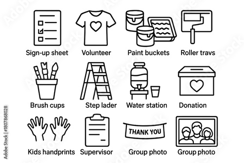 Community Painting Icons. Community Painting Day. Line icon set of Community Painting Day: sign up sheet, volunteer t shirt, paint buckets, roller trays, brush