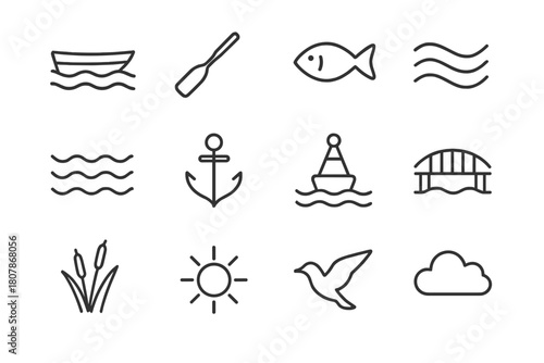 River Life Icons. Boating and river life. Line icon set of boating and river life: boat, paddle, fish, river, wave, anchor, buoy, bridge, reeds, sun, bird,