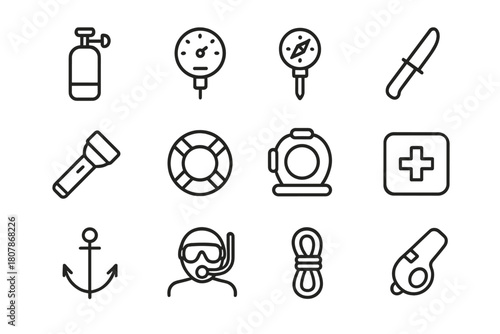 Diving Safety Icons. Diving safety. Line icon set of diving safety: oxygen tank, pressure gauge, compass, knife, light, lifebuoy, helmet, first aid, anchor,