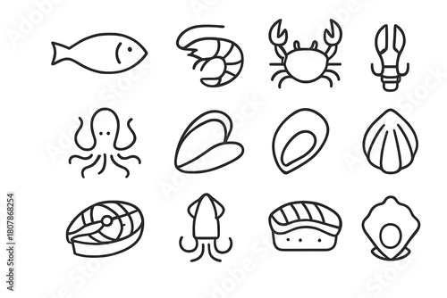 Seafood Icon Set. Seafood. Line icon set of Seafood: fish, shrimp, crab, lobster, mussel, clam, octopus, squid, sushi, salmon, oyster, scallop. All outline