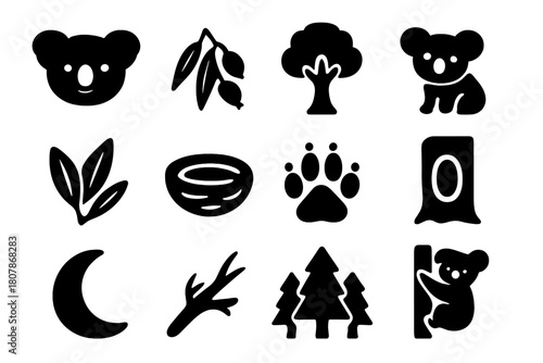 Australian Wildlife Icons. Australian Wildlife. Solid icon set of Australian Wildlife: koala, eucalyptus branch, tree, baby koala, leaves, nest, paw print,