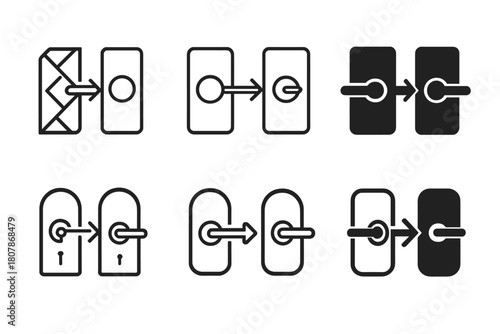 Door Hardware Logos. Replacing door hardware (knob or handle). Icon set. Set Logo of replacing door hardware (knob or handle): modern door plate with dual