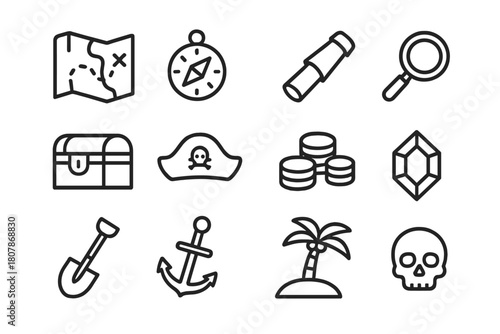 Treasure Exploration Icons. Treasure exploration. Line icon set of treasure exploration: map, compass, telescope, magnifying glass, treasure chest, pirate hat,