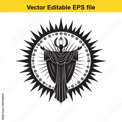 A black and white vector illustration of a robed figure with outstretched arms inside a circle with a sunburst pattern isolated on