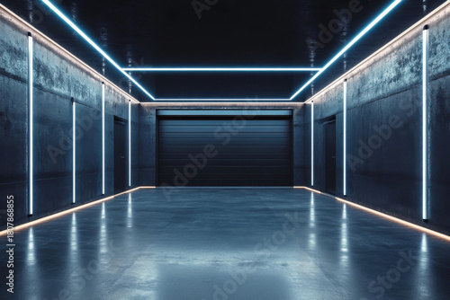 Background of a dark empty concrete garage with a closed door