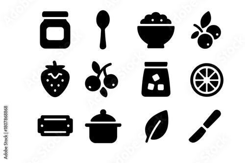 Fruit Preserve Icons. Fruit preserves. Solid icon set of fruit preserves: jar, spoon, bowl, berries, strawberry, cranberry, sugar, lemon slice, label, pot,