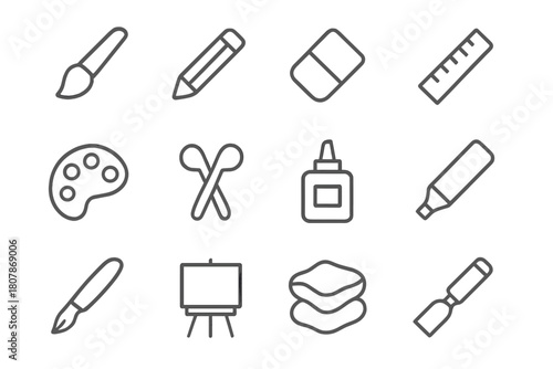 Art Tool Icons. Art tools. Line icon set of art tools: paintbrush, pencil, eraser, ruler, palette, scissors, glue, marker, pen, canvas, clay, chisel. All