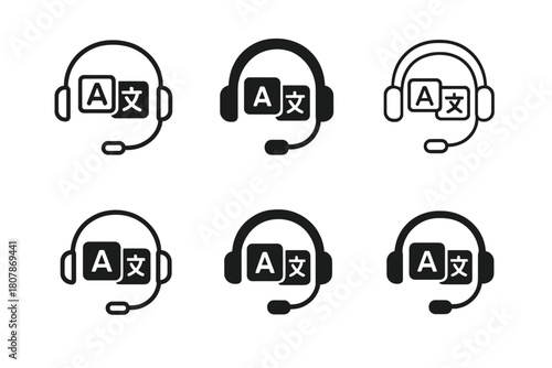 Translation Icons Set. Language translation and interpretation services. Icon set. Set Logo of language translation and interpretation services: headphones