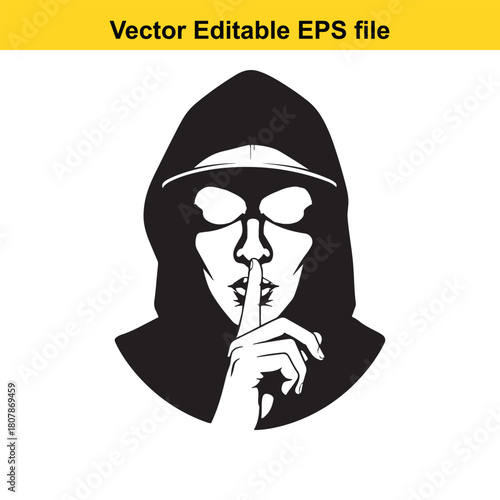 A mysterious figure in a hoodie raises a finger to their lips, creating a striking black and white vector illustration with a sense of intrigue