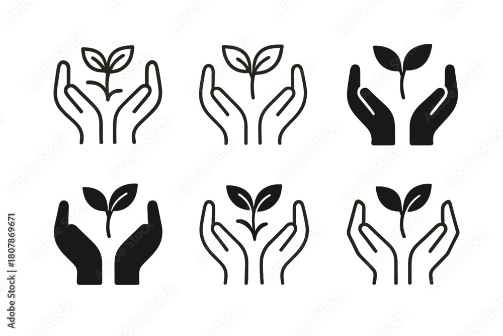 Fototapeta premium Sustainable Icons Collection. Corporate sustainability goals. Icon set. Set Logo of Corporate Sustainability Goals: hands protecting a small plant. harmonious