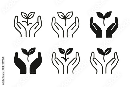 Sustainable Icons Collection. Corporate sustainability goals. Icon set. Set Logo of Corporate Sustainability Goals: hands protecting a small plant. harmonious