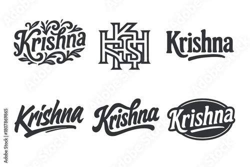 Krishna Lettering Variations. Krishna Deity. Set lettering. harmonious lettering variations of the same emblematic concept, each with different artistic