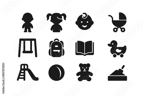 Kids Icon Collection. Young Kids. Solid icon set of Young Kids: boy, girl, baby, stroller, swing, backpack, school book, toy, playground slide, ball, teddy