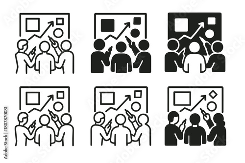 Business Planning Logos. A business team using a whiteboard for planning a new project. Icon set. Set Logo of business planning: collaborative meeting with