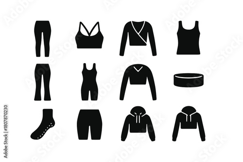 Seamless Yoga Icons. Seamless Yoga. Solid icon set of Seamless Yoga: yoga leggings, strappy bra, wrap top, longline tank, flare pants, unitard,