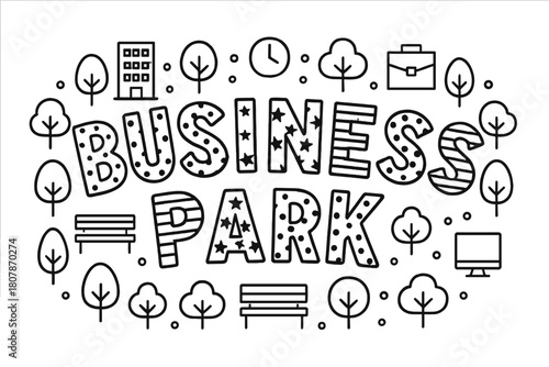 Business Park Display. Business Park ? playful decorative display lettering; patterned letters (dots/stripes/stars), gently arched word-shape; framed with