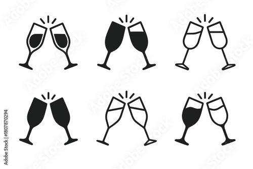 Cheers Logo Icons. Group cheers. Icon set. Set Logo of group cheers: champagne glasses clink. harmonious logo variations of the same emblematic concept, each