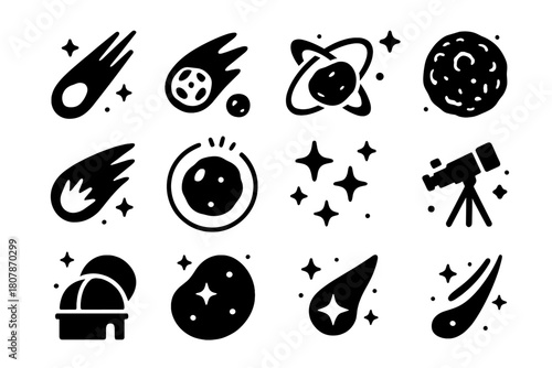 Cosmic Icons Grid. Comets and cosmic ice. Solid icons set of Comets and cosmic ice: comet with tail, icy core, orbit line, frozen surface, solar wind, nucleus,