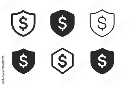 Market Stability Icons. Bonds and securities. Icon set. Set Logo of market stability: shield with dollar symbol. harmonious logo variations of the same