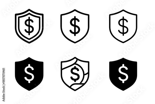 Market Stability Icons. Bonds and securities. Icon set. Set Logo of market stability: shield with dollar symbol. harmonious logo variations of the same