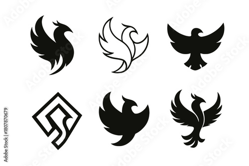 Modern Mythical Phoenixes. Fantasy and mythology in modern settings. Icon set. Set Logo of guardian spirit: phoenix silhouette. harmonious logo variations of
