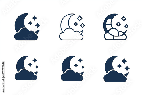 Moonlit Logo Variations. Sleep-induced relaxation. Icon set. Set Logo of Sleep-induced relaxation: night sky with crescent moon. harmonious logo variations of