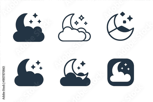 Moonlit Logo Variations. Sleep-induced relaxation. Icon set. Set Logo of Sleep-induced relaxation: night sky with crescent moon. harmonious logo variations of