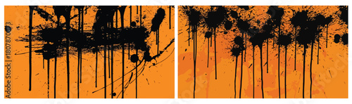 black dripping splatter strokes on bright orange backdrop forming chaotic abstract texture with heavy drips and rough expressive marks