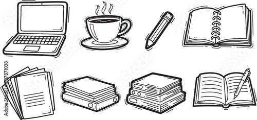 hand drawn office workstation elements including laptop coffee pencil papers folders and open notebooks in sketch style