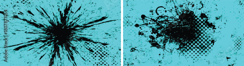 Black grunge ink explosion and splatter texture on bright cyan background with dynamic burst strokes and distressed halftone dots