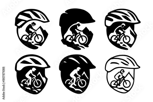 Mountain Biking Logos. Mountain biking down a rocky trail. Icon set. Set Logo of mountain biking: cyclist on mountain slope. harmonious logo variations of the