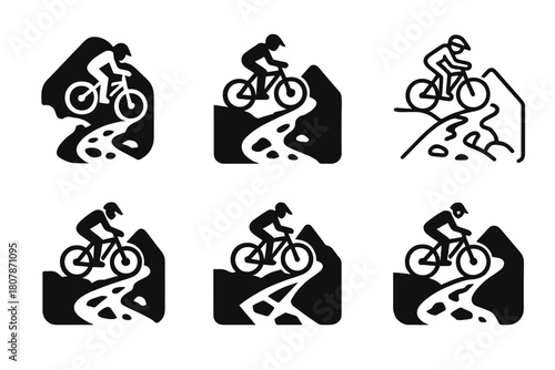 Mountain Biking Logos. Mountain biking down a rocky trail. Icon set. Set Logo of mountain biking: cyclist on mountain slope. harmonious logo variations of the