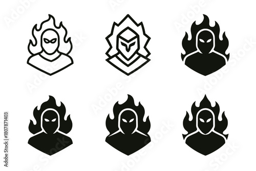 Mythic Hero Logos. Fantasy and mythology in modern settings. Icon set. Set Logo of mythical hero: masked figure with aura. harmonious logo variations of the