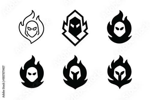 Mythic Hero Logos. Fantasy and mythology in modern settings. Icon set. Set Logo of mythical hero: masked figure with aura. harmonious logo variations of the