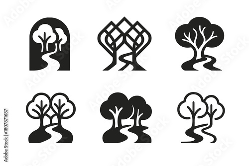 Nature Harmony Logos. Nature walks in unspoiled environments. Icon set. Set Logo of natural harmony: intertwined trees and path. harmonious logo variations of