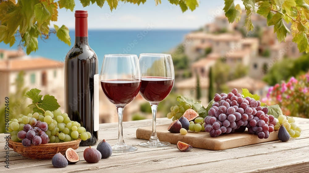 Obraz premium Mediterranean seaside table with wine two filled glasses bottle overflowing grape clusters fresh figs on wooden boards sunlit vine leaves framing coastal