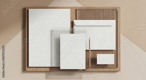 Professional corporate identity presentation with blank stationery, business card, and envelope on a textured wooden tray for branding mockups
