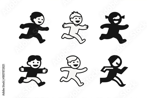 Playful Kids Emblems. Chasing kids in the yard. Icon set. Set Logo of Chasing kids in the yard: laughing child mid-run. harmonious logo variations of the same