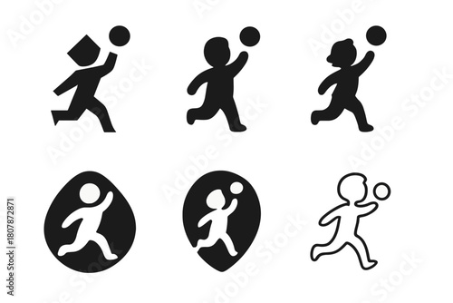 Playful Kids Logos. Chasing kids in the yard. Icon set. Set Logo of Chasing kids in the yard: waving hands in play. harmonious logo variations of the same
