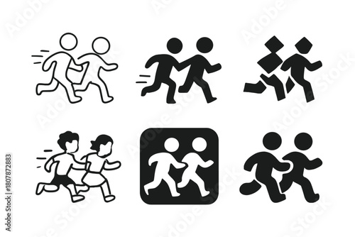 Playful Kids Icons. Chasing kids in the yard. Icon set. Set Logo of Chasing kids in the yard: garden with toys scattered. harmonious logo variations of the