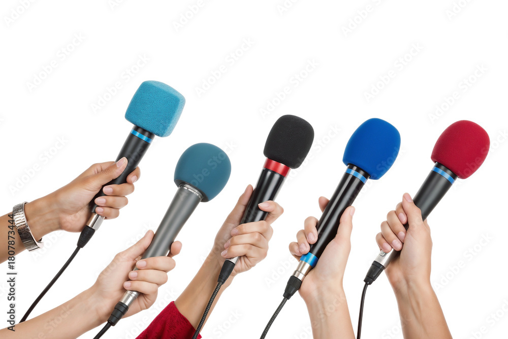 Fototapeta premium Multiple Hands Holding Colorful Microphones on White Background for Media, Interview, and Press Concepts Transparent PNG
