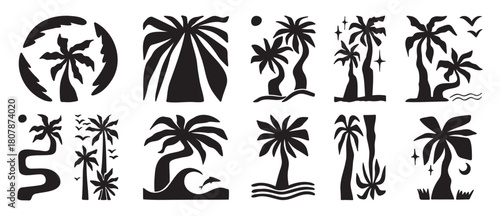 Doodle hand drawn palms boho trendy bold silhouette elements, hippie palm tree poster icon set