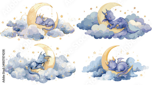 Adorable watercolor illustration of baby dragons sleeping on the moon among soft clouds and stars. Perfect for nursery designs, children themes, and dreamy fantasy artwork.