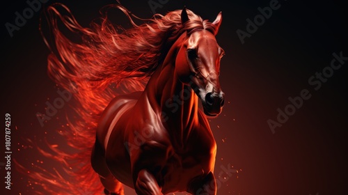 Fiery red horse with burning mane on dark background