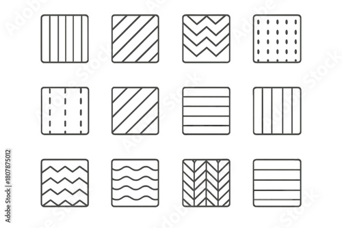 Fabric Pattern Icons. Fabric patterns. Line icon set of fabric patterns: pinstripe, candy stripe, chevron, dotted stripe, dashed stripe, diagonal stripe,