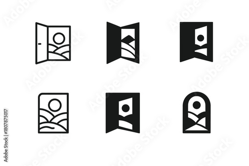 Open Space Logos. open space. Icon set. Set Logo of open space: minimalist landscape with sky and horizon. harmonious logo variations of the same emblematic