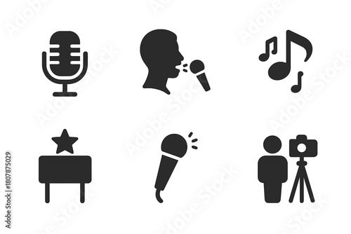 Singers Casting Icons. Auditions and casting calls for singers. Icon set. Set Logo of Ticket: Event entry. Negative space, Symmetrical form, Flat solid,